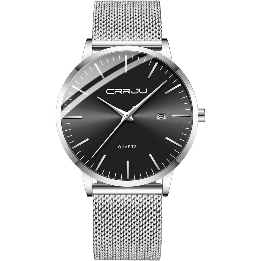 Men's Black Sliver Minimalist Casual Waterproof Stainless Steel Mesh Band Watch